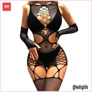 Sheer Mesh Fishnet Lingerie Set Bodysuit Teddy Plus Size Sleepwear